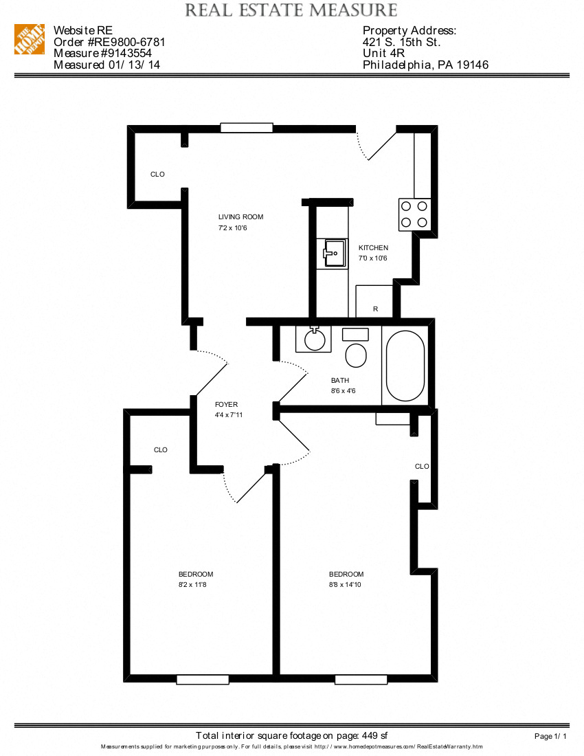 Floor plan for 2 beds, 1 bath, 1 sqft